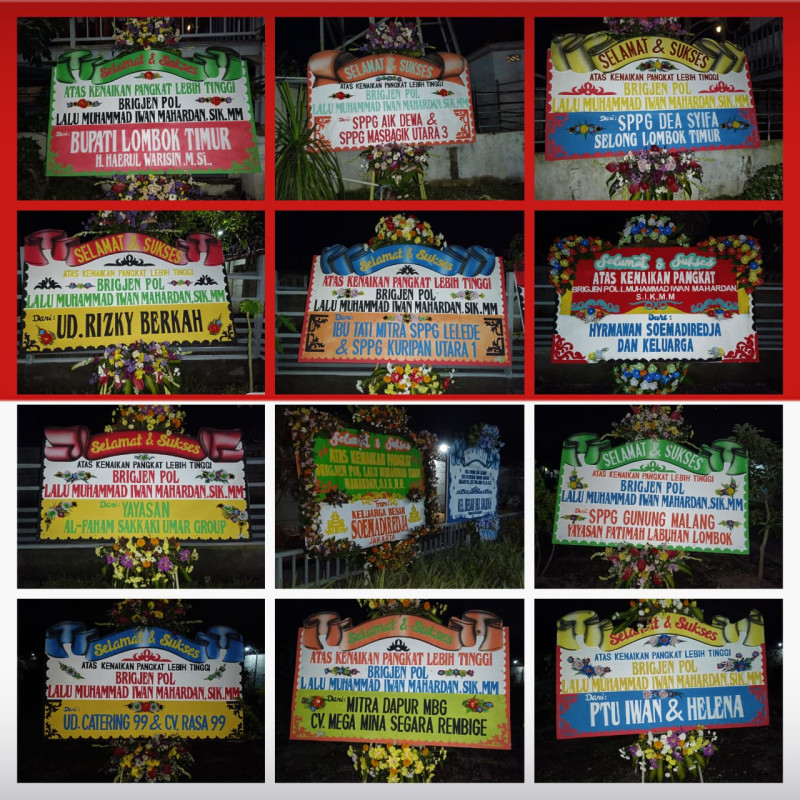 Foto Karangan Bunga dari Berbagai Pihak Atas Kenaikan Pangkat Brigjen Pol. Lalu Muhammad Iwan Mahardan, SIK, MM pada Senin (5/1/2025) di Kediaman Beliau, Gerung Lobar (Dok. Pribadi)